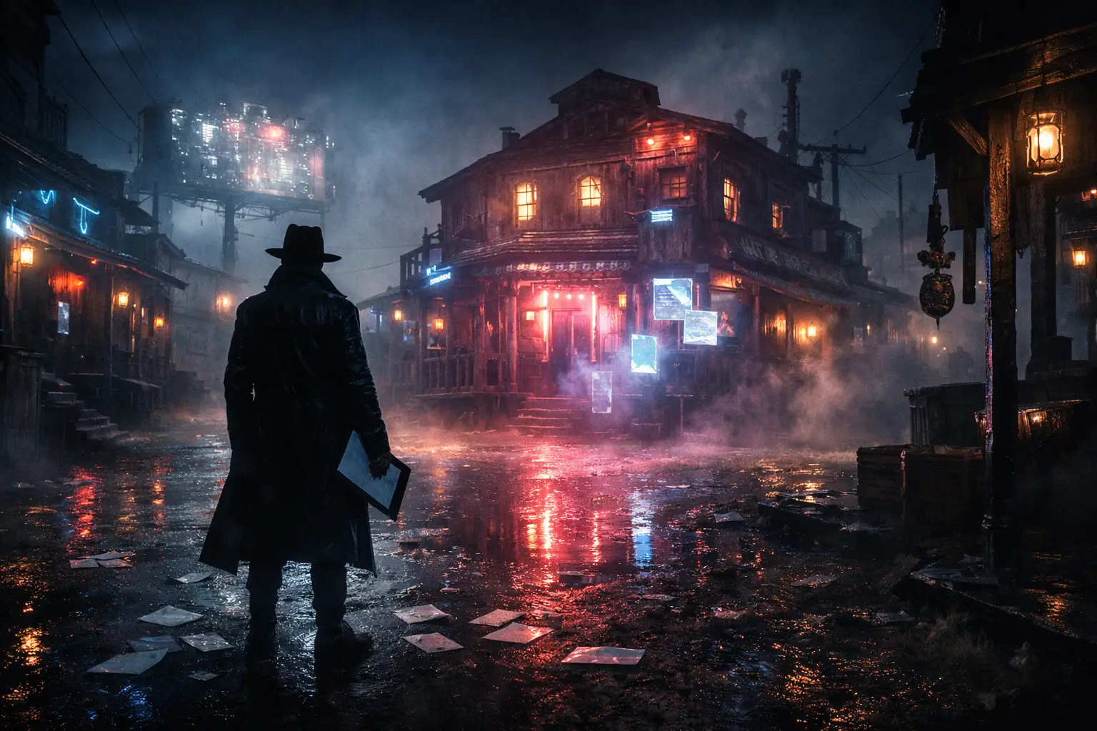 Cinematic cyberpunk frontier town: a neon press-release saloon selling credibility, receipts drifting in the haze