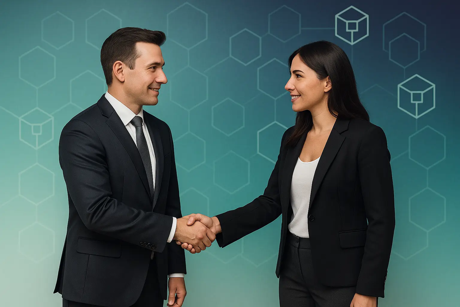 Partners shaking hands over blockchain background