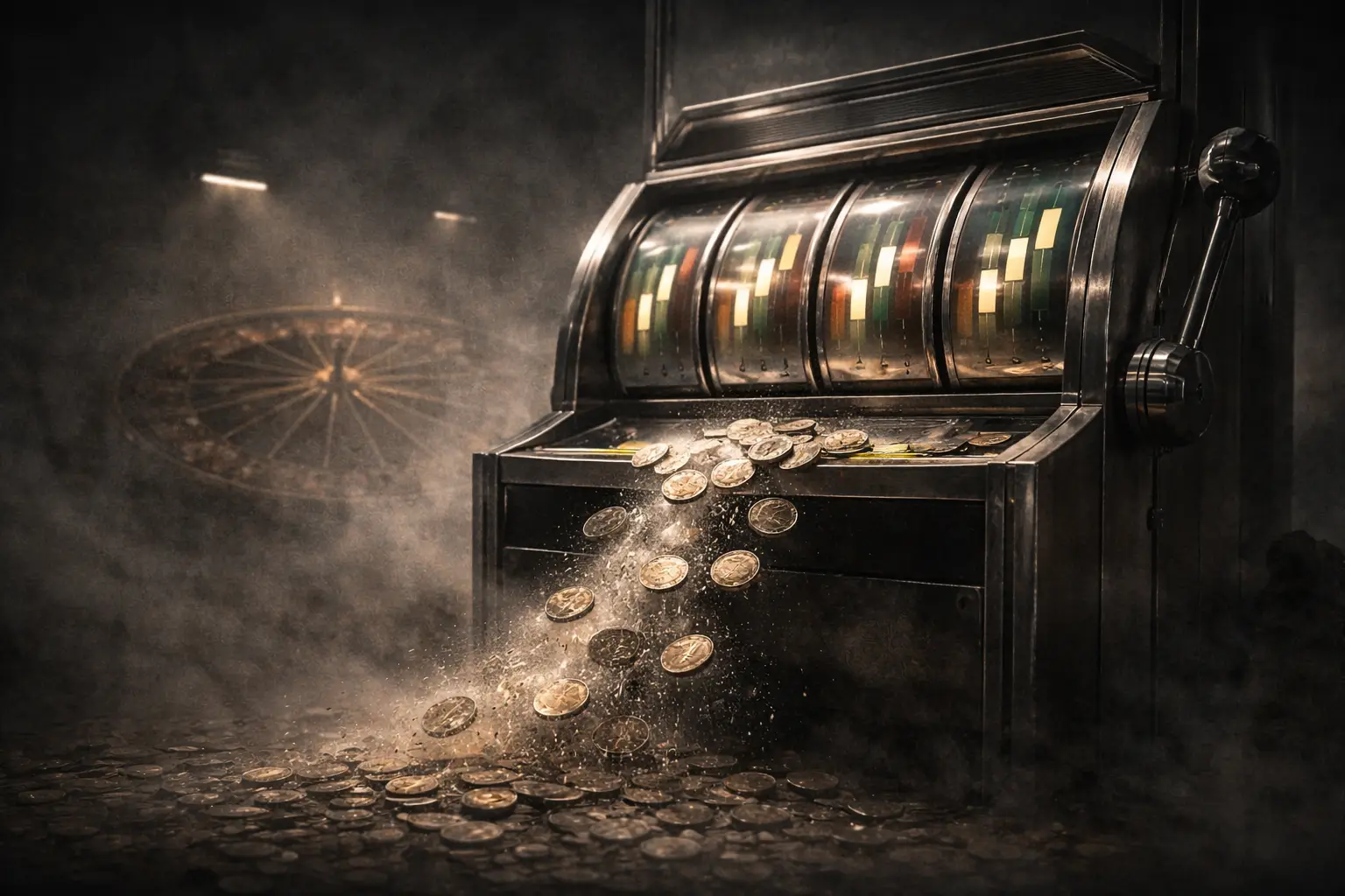 Abstract editorial illustration: slot machine with abstract candlestick shapes and dissolving coins