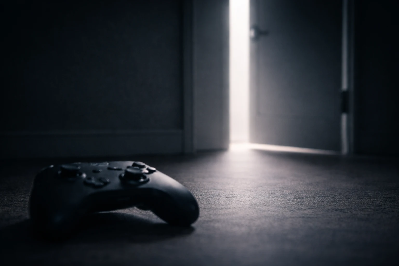 A cinematic still-life of a controller left on the floor near an open door, symbolizing Game Pass churn and fans walking away
