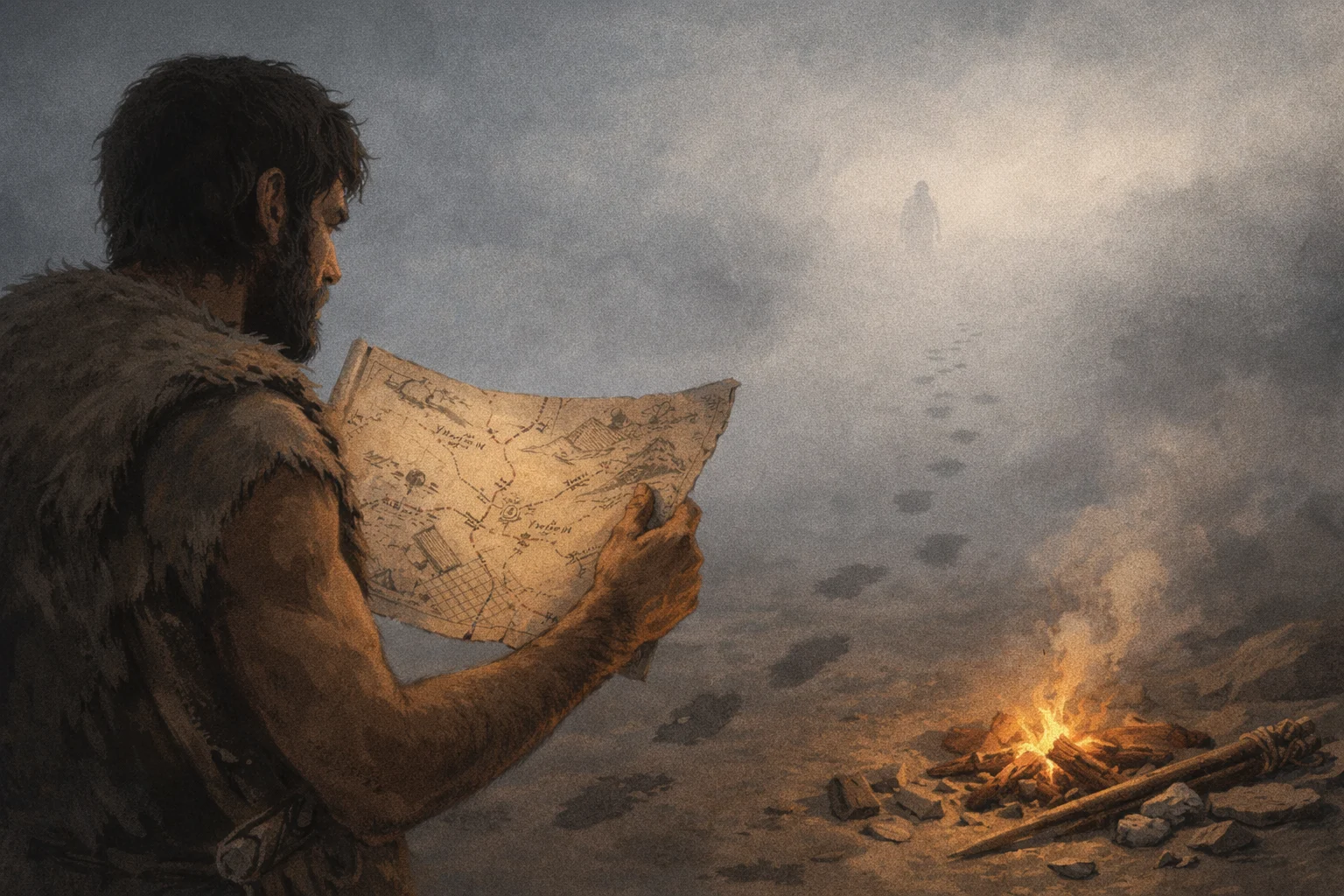 A builder studies a detailed map beside a campfire while footprints vanish into thick fog ahead, symbolizing technical certainty without customer reality.