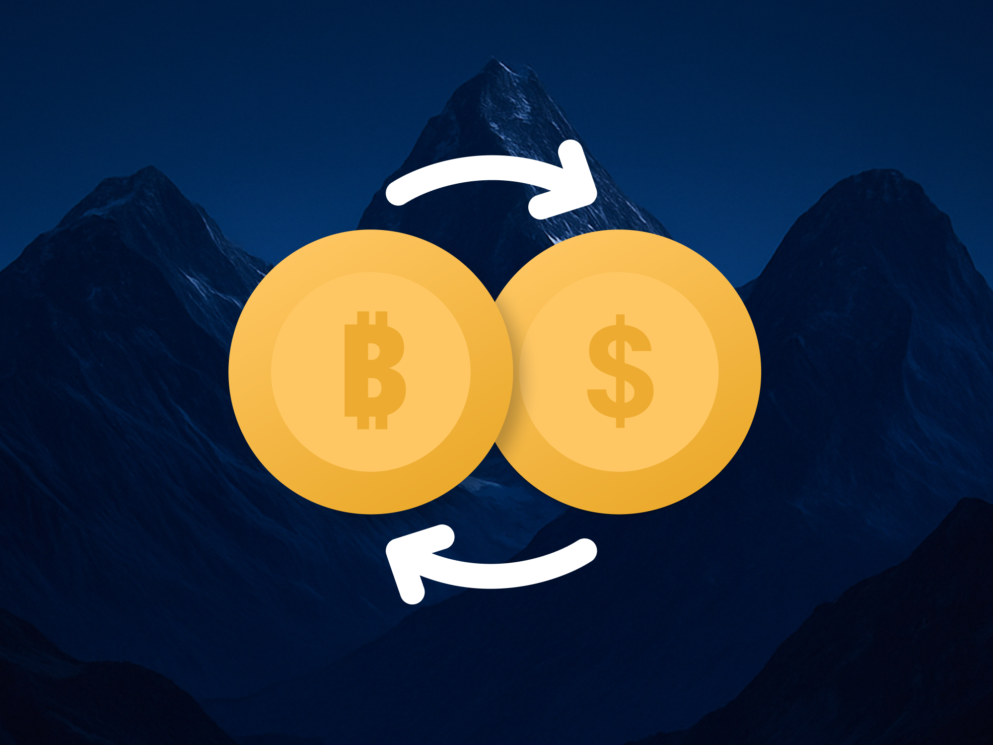 Bitcoin and US Dollar coin with mountains background