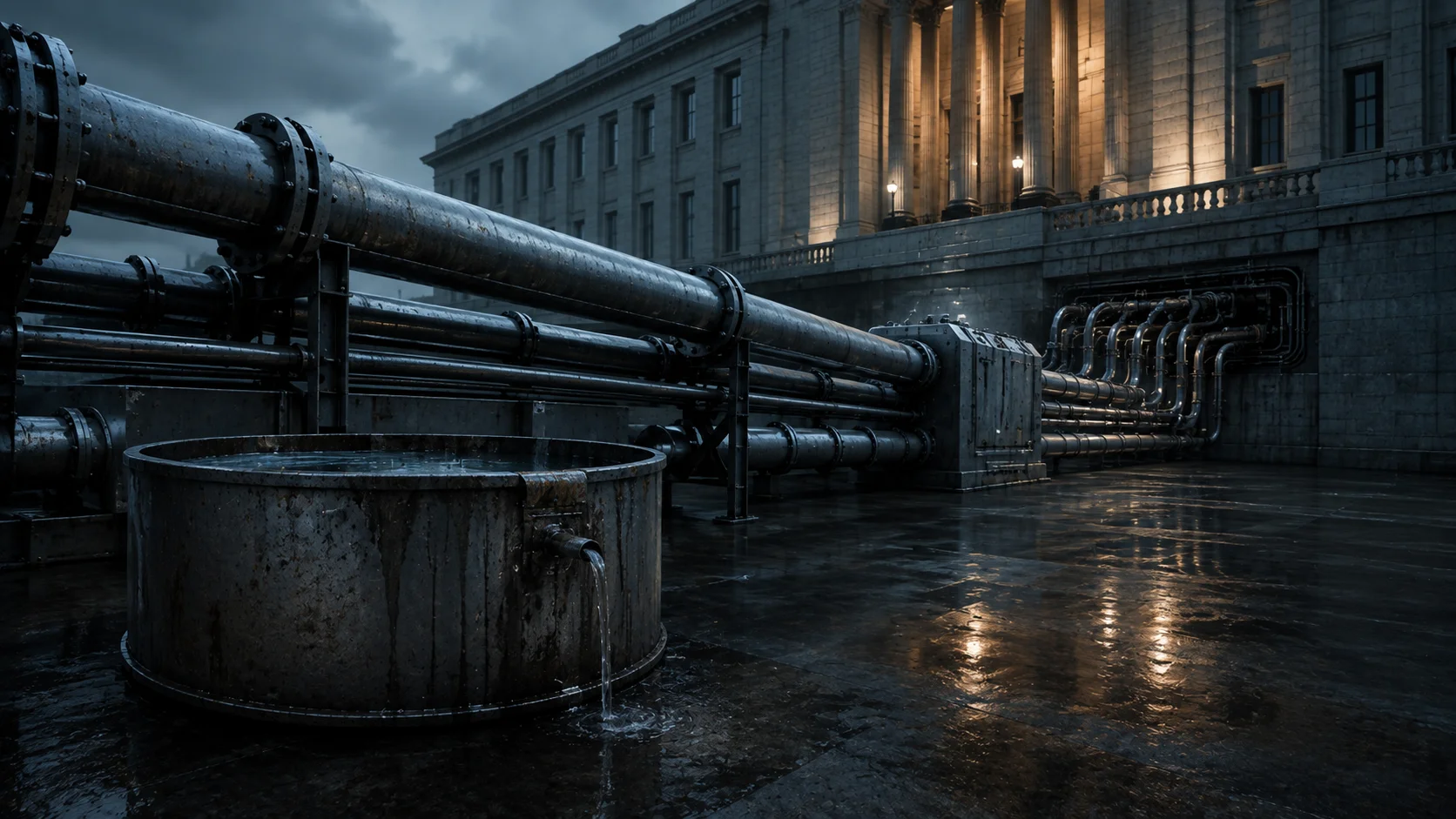 Large industrial pipes run from an illuminated institutional building into an overflowing outdoor basin at night, with excess water spilling onto the wet pavement below.