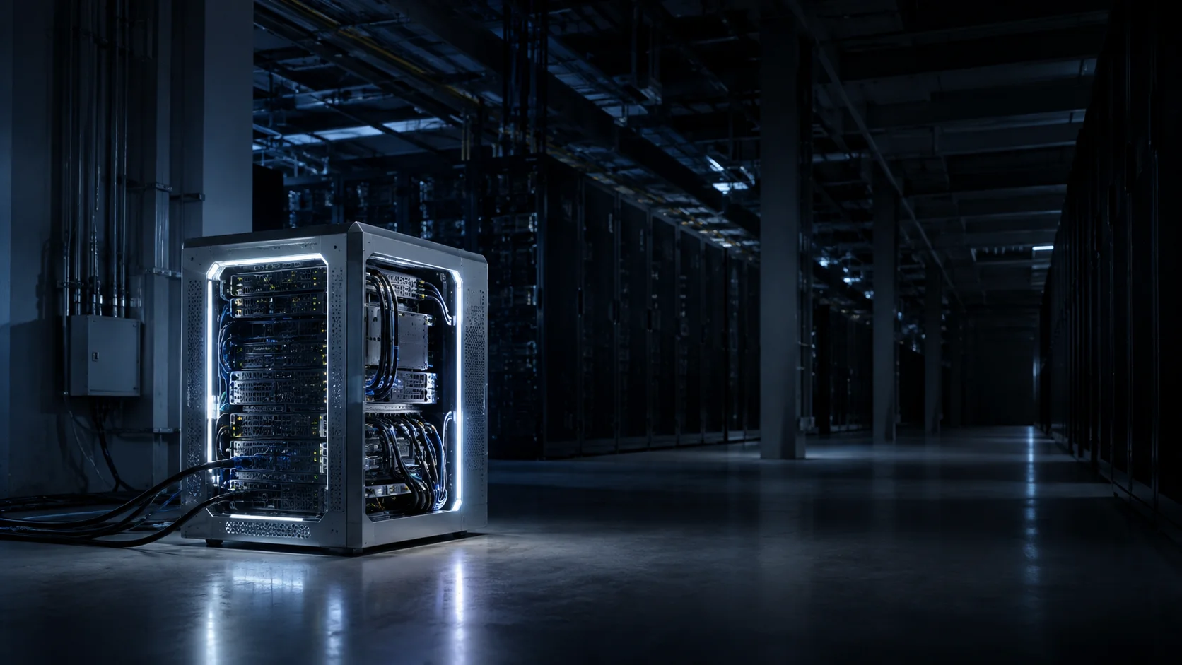 A single illuminated server rack glowing with internal blue lighting stands alone in an otherwise dark data center aisle lined with rows of additional server racks.