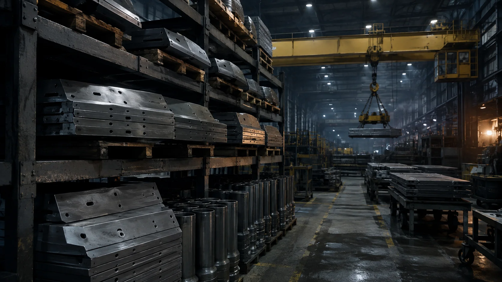 Machined steel components and cylindrical parts stacked on industrial racking beneath an overhead gantry crane inside a defense manufacturing warehouse.