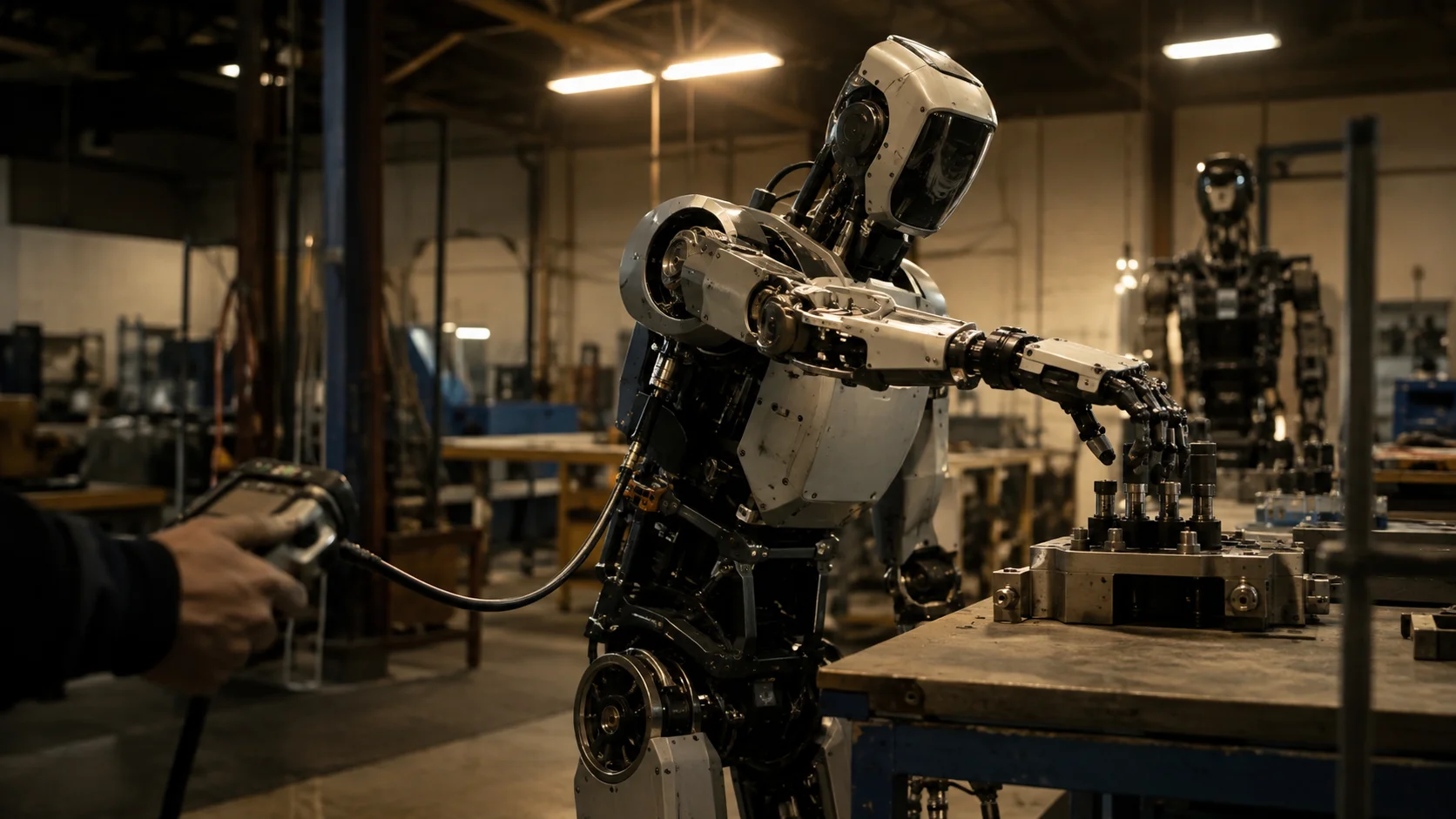 A humanoid robot on a factory floor, guided by a technician's handheld control tether, reaches toward machined metal components on a workbench while a second robot stands in the background.
