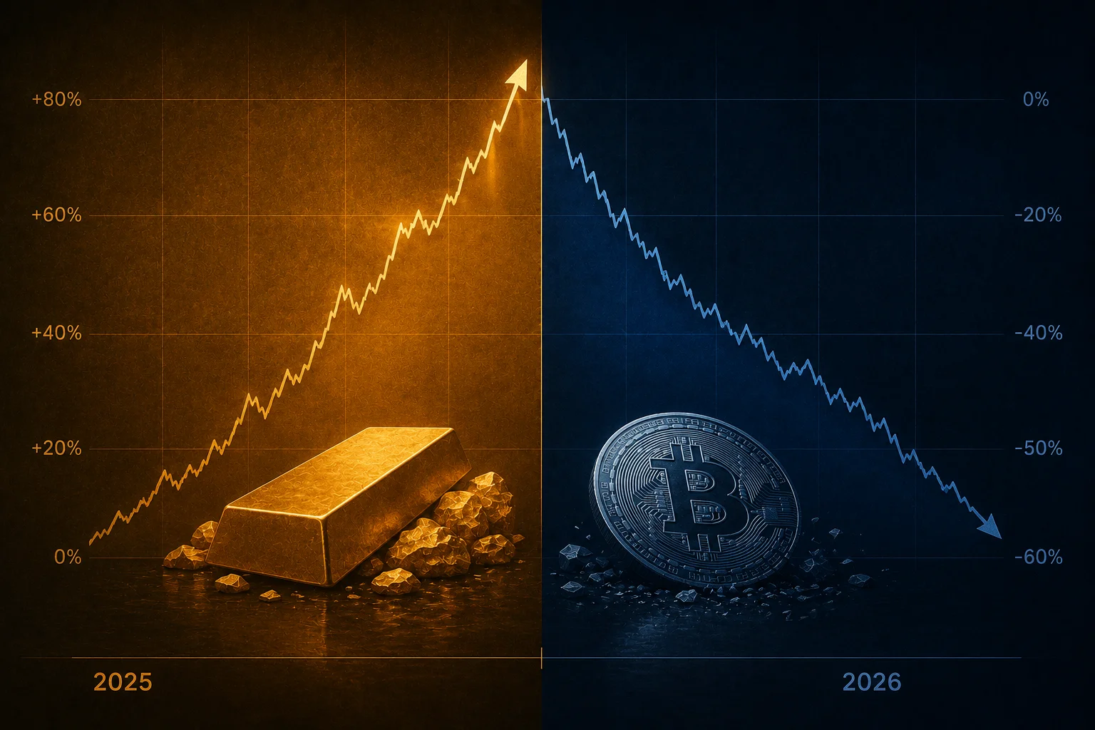 Gold and Bitcoin price divergence during 2026 inflation — editorial illustration