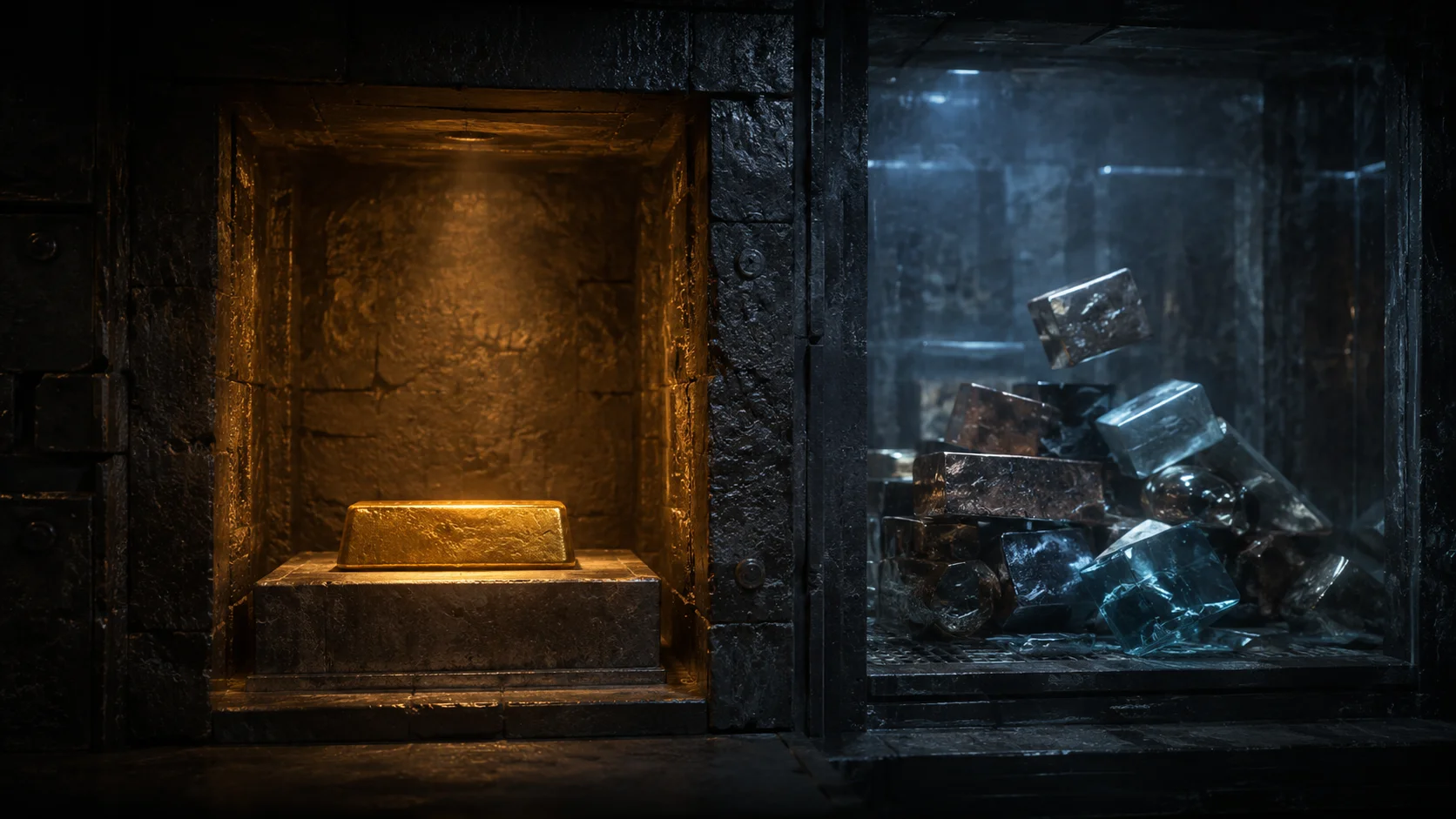 Two containers contrasting a safe gold-bar vault against a volatile bucket holding a coin among tech tickers