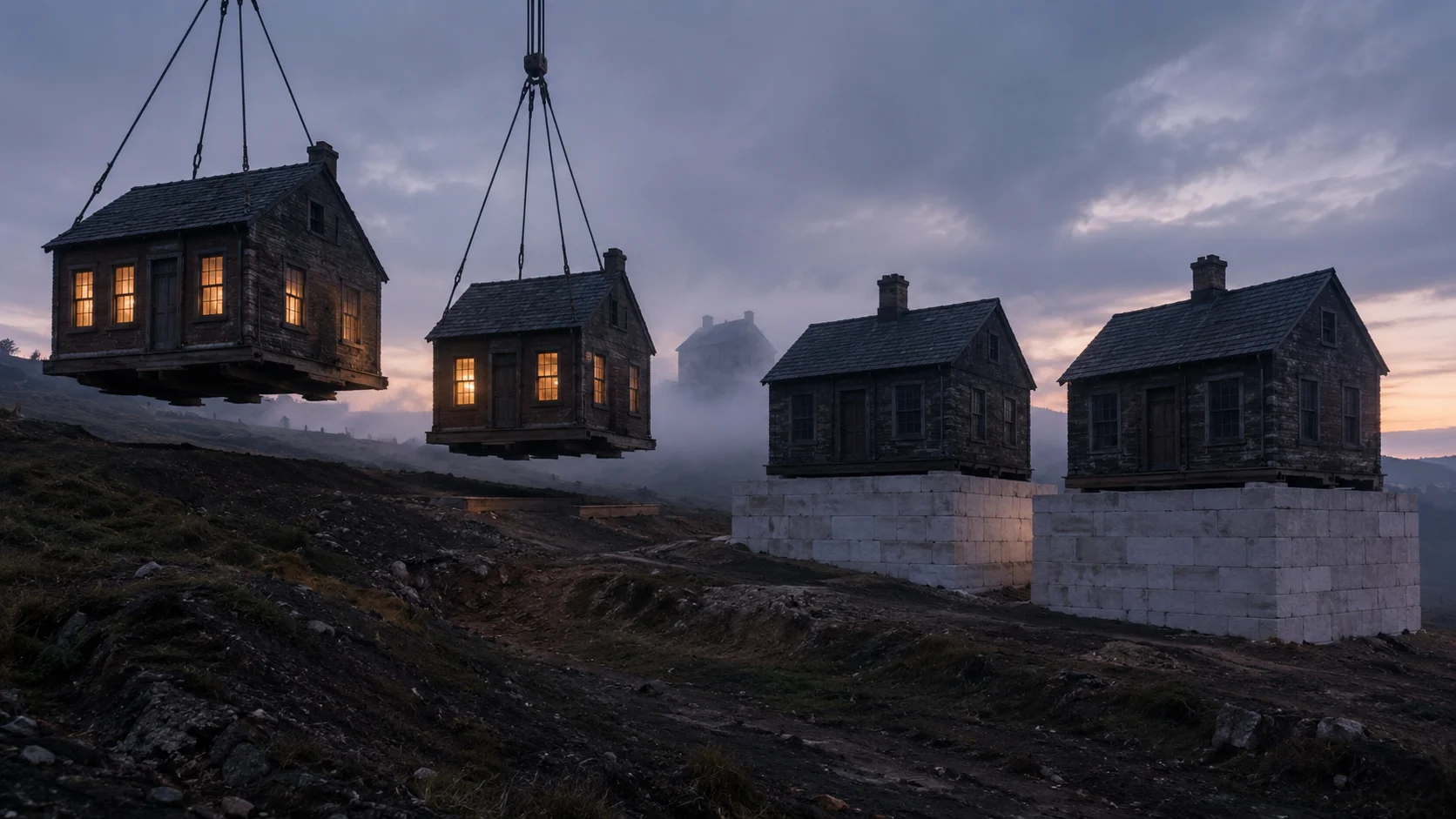 Four studio buildings, two becoming independent free-standing structures and two collapsing under load